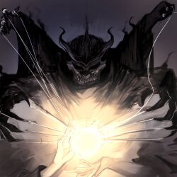  1other absurdres claws extra_arms glowing highres horns logicsterrr mask orb puppet_strings shadow_slave sharp_teeth solo sunny_(shadow_slave) teeth upper_body 