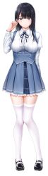  1girl artist_request black_hair black_ribbon black_shoes blue_skirt breasts closed_mouth collared_shirt full_body hand_up high-waist_skirt highres konomi_yui long_hair long_sleeves looking_at_viewer mary_janes medium_breasts neck_ribbon official_art ribbon seifuku_kanojo seifuku_kanojo_2 shirt shoes simple_background skirt smile solo standing suspender_skirt suspenders tachi-e thigh-highs transparent_background white_shirt white_thighhighs 