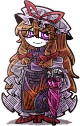  1girl absurdly_long_hair blonde_hair bow chibi chibi_only dress frills hair_between_eyes hair_bow hat hat_ribbon holding holding_umbrella long_dress long_hair mob_cap purple_tabard red_bow red_ribbon red_shoes ribbon shoes solo standing suenari_(peace) tabard touhou umbrella very_long_hair violet_eyes white_dress white_hat yakumo_yukari 