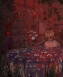  1boy artist_name basil_(faraway)_(omori) basil_(omori) bathroom bathtub blonde_hair faceless faceless_male highres indoors male_focus nude omori short_hair sidelocks solo towel umilini2 water window 