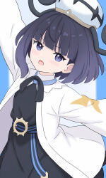  1girl :o absurdres belt belt_buckle black_dress blush bob_cut buckle coat dress gwynn_(pokemon) hat highres ka2ya_aaa long_sleeves looking_at_viewer o-ring o-ring_belt open_clothes open_coat open_mouth pokemon pokemon_legends:_z-a purple_hair short_hair solo violet_eyes white_coat 