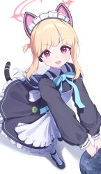  1girl :3 :d aimo_wotku animal_ear_headphones animal_ears apron black_dress black_shoes blonde_hair blue_archive blue_bow blue_bowtie blunt_bangs blush bow bowtie bucket cat_ear_headphones cat_ears cat_tail commentary_request dress fake_animal_ears fake_tail foreshortening frilled_apron frilled_dress frills from_above full_body halo headphones highres holding holding_bucket long_sleeves looking_at_viewer looking_up maid maid_headdress medium_hair millennium_science_school_logo momoi_(blue_archive) momoi_(maid)_(blue_archive) official_alternate_costume official_alternate_hairstyle open_mouth pink_halo puffy_long_sleeves puffy_sleeves red_eyes shoes sidelocks simple_background smile solo tail tareme v-shaped_eyebrows v_arms white_apron white_background 