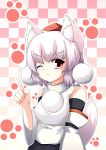  :t absurdres angry animal_ears checkered checkered_background detached_sleeves hat highres inubashiri_momiji minaduki minazuki_(aqua-city) pointing pout red_eyes short_hair silver_hair solo tail tokin_hat touhou white_hair wink wolf_ears wolf_tail 