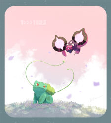 animal_focus border bright_pupils bulbasaur claws closed_eyes closed_mouth commentary falling_petals floating full_body grey_border highres isutai looking_at_another no_humans on_grass outdoors pecharunt petals pink_sky plant pokemon pokemon_(creature) red_eyes simple_background sky smile symbol-only_commentary vines white_pupils 