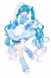  1girl absurdres ahoge alternate_costume apron aqua_hair blue_jacket blue_leg_warmers blue_shorts blue_skirt bow commentary frilled_skirt frills full_body gradient_hair hair_between_eyes hair_bow hatsune_miku heart heart_ahoge high_collar highres jacket jersey_maid leg_warmers long_hair long_sleeves looking_at_viewer maid maid_apron maid_headdress multicolored_hair open_mouth shoes shorts simple_background single_thighhigh skirt sleeves_past_wrists smile solo standing standing_on_one_leg tenshi_kaiwai thigh-highs twintails tyazakura_sayu unconventional_maid very_long_hair vocaloid white_background white_bow white_shoes 