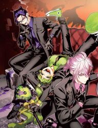 1girl asmodeus_alice couch formal glasses long_hair mafia mairimashita!_iruma-kun mairimashita!_iruma-kun_mafia_au multiple_boys naberius_kalego sharp_teeth short_hair tuxedo valac_clara