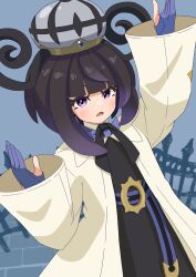  1girl :o arm_up belt belt_buckle black_dress black_hair blunt_bangs bob_cut buckle coat dress eyelashes gloves gradient_hair gwynn_(pokemon) hat highres long_sleeves looking_at_viewer mega_stone multicolored_hair o-ring o-ring_belt open_clothes open_coat open_mouth partially_fingerless_gloves pokemon pokemon_legends:_z-a purple_hair refisa short_hair solo violet_eyes white_coat 