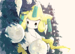  1other black_eyes christmas_ornaments christmas_tree colored_skin commentary floating full_body isutai jirachi looking_at_viewer other_focus pokemon pokemon_(creature) pokemon_focus simple_background solo symbol-only_commentary tanzaku white_background white_skin 