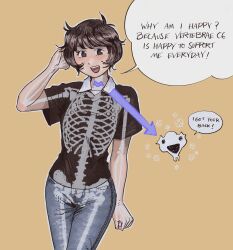  1girl absurdres brown_hair cowboy_shot denim english_text flower heidi_(heytherenrds) highres jeans light_blush original pants short_hair skeleton_print smile solo spine yellow_background 