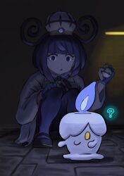  1girl black_dress black_hair blue_gloves blunt_bangs bob_cut coat dress fire gameplay_mechanics gloves gradient_hair gwynn_(pokemon) hat highres litwick long_sleeves mega_stone multicolored_hair nemimin nest_ball pantyhose partially_fingerless_gloves pokemon pokemon_(creature) pokemon_legends:_z-a purple_fire purple_hair short_hair violet_eyes white_coat yellow_eyes 