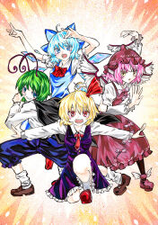  4girls :o ahoge antennae bird_girl bird_wings black_cape black_skirt black_vest blonde_hair blue_dress blue_hair blue_shorts blush bow bowtie brown_dress brown_hat brown_pantyhose cape cirno commentary double_fox_shadow_puppet dress feathered_wings fox_shadow_puppet frilled_hat frills green_hair grin group_pose hair_ribbon hat highres in-franchise_crossover kabaji looking_at_viewer multiple_girls mystia_lorelei on_one_knee outstretched_arms pantyhose petticoat pinafore_dress pink_hair red_bow red_bowtie red_ribbon ribbon rumia shirt short_hair shorts skirt sleeveless sleeveless_dress smile socks team_9_(touhou) touhou traditional_media trait_connection vest white_shirt white_socks wings wriggle_nightbug 