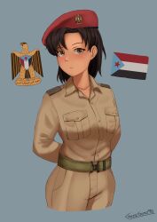  1girl absurdres arms_behind_back belt beret black_hair blue_background blush breast_pocket brown_eyes brown_pants brown_shirt cowboy_shot emblem english_commentary green_belt grzegorz1996 hat highres looking_at_viewer military military_uniform original pants pocket red_hat shirt short_hair shoulder_boards signature simple_background solo yemen yemeni_army yemeni_flag 
