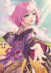  1boy 1girl bad_id bad_pixiv_id bare_shoulders black_gloves blue_eyes caelus_(honkai:_star_rail) coat commentary_request cyrene_(aedes_elysiae)_(honkai:_star_rail) cyrene_(honkai:_star_rail) gloves hair_ornament honkai:_star_rail honkai_(series) long_sleeves looking_at_viewer looking_back medium_hair miri_(ago550421) offering_hand open_mouth outdoors partial_commentary pink_hair pov pov_hands purple_coat scarecrow smile taking_another's_hand trailblazer_(honkai:_star_rail) wheat_field 