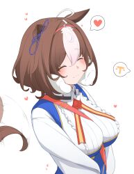  1girl :3 absurdres animal_ears astra_chichi between_breasts breasts brown_hair closed_eyes commentary ear_ribbon gloves hair_between_eyes hands_on_another's_cheeks hands_on_another's_face heart highres horse_ears horse_girl medium_hair meisho_doto_(turbulent_blue)_(umamusume) meisho_doto_(umamusume) multicolored_hair smile solo_focus spoken_character spoken_heart t-head_trainer_(umamusume) tail tail_wagging trainer_(umamusume) two-tone_hair umamusume white_hair 