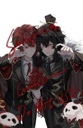  1boy 1girl black_pants black_suit bouquet coat coat_on_shoulders collared_shirt commission dragon_print flower fur-trimmed_coat fur_trim gloves hair_bun hand_up highres holding holding_bouquet husband_and_wife lapels library_of_ruina lowell_(project_moon) meow215211 necktie notched_lapels panda pants project_moon red_flower red_necktie sample_watermark shirt suit watermark white_background white_gloves white_shirt xiao_(project_moon) 