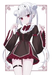  1girl bib_collar black_dress blunt_bangs bow bowtie breasts chinese_clothes commentary_request cowboy_shot double_bun dress ear_piercing fingernails frilled_dress frilled_shirt_collar frilled_sleeves frills hair_bun hair_ornament heart heart_hair_ornament heart_o-ring highres inset_border iris37337 lolita_fashion long_fingernails long_hair long_sleeves looking_at_viewer o-ring original parted_lips piercing pointy_ears qi_lolita red_bow red_bowtie red_eyes red_nails sharp_fingernails short_dress sleeve_garter small_breasts solo standing thigh_strap twintails twitter_username very_long_hair white_background white_hair wide_sleeves x_hair_ornament 