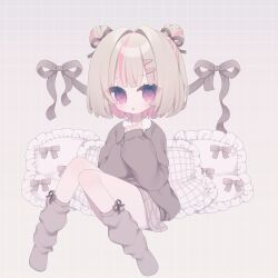  1girl :o alternate_costume alternate_hairstyle black_ribbon blush bob_cut bow_legwear brown_skirt brown_socks brown_sweater colored_inner_hair convenient_leg cushion double_bun full_body grey_background grey_hair grid_background hair_bun hair_ornament hair_ribbon hairclip hashtag-only_commentary highres knees_together_feet_apart knees_up kuma_kubo3 long_sleeves looking_at_viewer loose_socks makaino_ririmu medium_hair miniskirt multicolored_hair nijisanji on_floor parted_lips pink_hair pink_streaks plaid_clothes plaid_skirt pointy_ears red_eyes ribbon round_collar side_up_bun sidelocks sitting skirt sleeves_past_wrists socks solo streaked_hair sweater two-tone_hair virtual_youtuber 