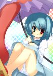  :q absurdres bad_id blue_eyes blue_hair blush heterochromia highres karakasa karakasa_obake legs oriental_umbrella panties pantyshot red_eyes solo striped striped_panties tatara_kogasa tongue touhou umbrella underwear unjou_takehiro upskirt 