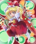  ascot blonde_hair blouse fang flandre_scarlet hat hat_ribbon laevatein open_mouth red_eyes ribbon side_ponytail skirt solo touhou vest wings yuuhi_aruha 