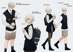  1boy 1girl 2b_(nier:automata) 9s_(nier:automata) alternate_costume backpack bag black_boots black_pantyhose black_ribbon black_shoes black_skirt black_socks black_vest blue_eyes boots bowl_cut brown_shorts casual chinese_text collared_shirt commentary cowboy_shot cup disposable_cup dress_shirt drinking_straw english_commentary grey_hair hair_between_eyes heart high_heel_boots high_heels holding holding_cup holding_hands long_sleeves mitsuki_nite mole mole_under_mouth multiple_views neck_ribbon nier:automata nier_(series) open_mouth pantyhose pleated_skirt ribbon shirt shoes short_hair shorts skirt smile socks standing sweater_vest translation_request twitter_username vest walking watch watch white_shirt 