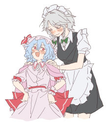  2girls an9_(jwns5327) apron black_dress blue_hair braid chinese_commentary commentary_request dress fang grey_hair hair_between_eyes hands_on_own_hips hat izayoi_sakuya maid maid_apron maid_headdress medium_hair mob_cap multiple_girls open_mouth parted_bangs pink_shirt pink_skirt red_eyes remilia_scarlet shirt short_sleeves skin_fang skirt smile touhou twin_braids white_shirt wrist_cuffs 