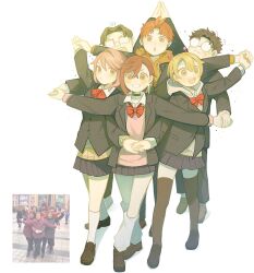  3boys 3girls alien antennae arm_up ayase_momo black_choker black_hair black_jacket black_thighhighs blonde_hair blue_skirt blush bow bowtie brown_eyes brown_hair brown_shoes choker closed_mouth collared_shirt comimingming commentary crossed_bangs dandadan earrings enjoji_jin flying_sweatdrops full_body gakuran glasses glint green_eyes grin hair_behind_ear hair_between_eyes highres holding_hands hood hood_down hoodie jacket jewelry kami_high_school_uniform long_sleeves looking_at_viewer loose_bowtie loose_socks miniskirt multiple_boys multiple_girls notice_lines open_clothes open_jacket open_mouth orange_hoodie outstretched_arms photo-referenced photo_inset pink_hair pink_sweater pleated_skirt puff_of_air red_bow red_bowtie red_hair round_eyewear sakata_kinta school_uniform shiratori_aira_(dandadan) shirt shirt_under_sweater shoes short_hair simple_background skirt smile socks standing star_(symbol) sweat sweater symbol-only_commentary takakura_ken_(dandadan) thigh-highs vamola_(dandadan) white_background white_shirt white_socks zettai_ryouiki 