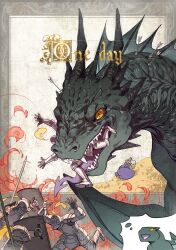  1girl 4boys armor battle biting biting_another colored_tongue commentary dragon english_commentary fire full_armor holding holding_shield holding_sword holding_weapon imagining knight lydia_ling medieval multiple_boys open_mouth person_in_mouth purple_tongue sharp_teeth shield soldier sword teeth the_ink_apprentice tongue tongue_out weapon western_dragon yellow_eyes 