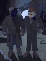 2boys angry beard black_coat black_shirt black_suit black_vest cable clenched_hand coat debris facial_hair fez_hat ford_pines full_body glasses gravity_falls grey_hair grunkle_stan hand_on_another&#039;s_shoulder hand_on_own_hip hat highres looking_at_viewer male_focus meme multiple_boys neck_ribbon nerd_emoji partially_shaded_face ribbon ruins shadow shirt smile smumji1 standing suit textless_version variant_set vest white_shirt why_dis_ninja_look_so_mad_(meme) 