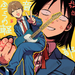  1boy 1girl :d anger_vein angry artist_name black_eyes black_hair black_socks blazer blue_jacket blue_pants blue_sandals blush brown_eyes brown_hair clenched_hand collared_shirt commentary_request copyright_name eighth_note electric_guitar false_smile fender_telecaster foot_out_of_frame futsuu_no_keion-bu guitar guitar_strap hatono_chihiro highres instrument jacket long_sleeves multiple_girls musical_note name_tag neck_ribbon necktie o1864g open_mouth outline pants red_necktie red_ribbon ribbon sandals school_uniform shirt short_hair slides small_pupils smile socks takami_kouki upper_body v white_shirt yellow_background yellow_outline 