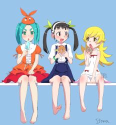 3girls :d :o apron aqua_hair artist_name back_bow badge bandaid bandaid_on_knee bandaid_on_leg bare_arms bare_legs barefoot between_legs black_hair black_skirt blonde_hair blue_background blush_stickers bow bow_apron bracelet brown_eyes button_badge center_frills cherry_print collarbone dot_nose doughnut dress dress_shirt expressionless fang fangs flipped_hair food food_print forehead frilled_shirt_collar frills fruit_print full_body green_eyes hachikuji_mayoi hair_between_eyes hair_flaps hair_ribbon hairband halterneck hand_between_legs hand_on_lap hand_up hands_up hat highres holding holding_donut holding_food holding_popsicle itoma_mahimahi jewelry knee_blush knees_together_feet_apart layered_dress light_blush lone_nape_hair long_hair looking_at_another looking_at_viewer monogatari_(series) multiple_girls neck_ribbon on_bench ononoki_yotsugi open_mouth orange_dress orange_hat oshino_shinobu panties parted_bangs petticoat pink_skirt pointy_ears popsicle puffy_short_sleeves puffy_sleeves red_bow red_ribbon ribbon shirt short_bangs short_sleeves short_twintails side-by-side sidelocks signature simple_background sitting skirt smile straight-on suspender_skirt suspenders thick_eyebrows turtleneck turtleneck_dress twintails two-handed underwear very_long_hair white_apron white_hairband white_panties white_shirt yellow_eyes 