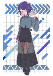  1girl alternate_costume artist_name ayuda_ayutaro black_boots black_shorts black_skirt boku_no_hero_academia boots check_commentary commentary commentary_request cropped_jacket full_body grey_jacket jacket jiro_kyoka long_skirt looking_at_viewer nail_polish purple_hair purple_nails see-through_clothes see-through_skirt short_hair shorts shorts_under_skirt skirt solo standing tongue tongue_out 