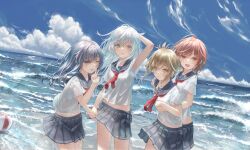  4girls akatsuki_(kancolle) alternate_sleeve_length ball beach beachball black_hair black_sailor_collar black_skirt blue_sky brown_eyes brown_hair clouds day folded_ponytail hibiki_(kancolle) highres horizon ikazuchi_(kancolle) inazuma_(kancolle) kantai_collection looking_at_viewer multiple_girls neckerchief ocean outdoors pleated_skirt red_neckerchief sailor_collar sailor_shirt school_uniform serafuku shirt skirt sky summer_uniform tomushi water waves white_hair white_shirt 