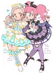 2girls :d absurdres aikatsu! aikatsu!_(series) aikatsu!_x_pripara_the_movie_-deai_no_kiseki!- amahane_madoka black_boots blue_eyes blue_nails boots cosplay detached_sleeves dress full_body heart highres idol_clothes knee_boots kurosawa_rin kurosu_aroma kurosu_aroma_(cosplay) long_hair multiple_girls nail_polish open_mouth pink_hair pink_nails pretty_series pripara purple_dress purple_thighhighs shiratama_mikan shiratama_mikan_(cosplay) smile standing standing_on_one_leg star_(symbol) star_print sun_symbol thigh-highs twintails white_boots white_dress wrist_cuffs yukikokoro 