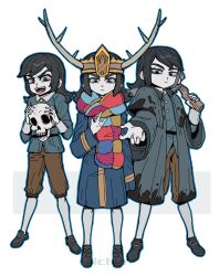  3boys \n/ abaddon_(haunted_hotel) absurdres black_hair blue_coat blue_eyes child chinese_commentary coat commentary_request dirty dirty_clothes dual_persona fake_horns full_body haunted_hotel highres holding holding_skull horned_headwear horns long_hair looking_at_viewer male_focus multiple_boys noecho reaching reaching_towards_viewer scarf skull standing white_background 