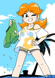  1girl blue_eyes blue_sky brown_hair clouds earrings floral_print flower_earrings hand_on_own_hip jewelry junnosu long_hair male_swimwear one_eye_closed palm_tree princess_daisy shirt sky smile super_mario_bros. swim_trunks tree water 