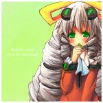  :&lt; blush bow drill_hair engrish goggles goggles_on_head green_background green_eyes grey_hair icemissile jewelry long_hair lowres maria_balthasar necktie payot ranguage ribbon solo xenogears 