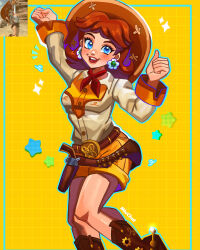  1girl absurdres arm_up artist_name belt blue_eyes boots brown_hair cowboy_boots cowboy_hat earrings flower_earrings game_screenshot_inset hat highres jewelry long_hair miuchat_cat open_mouth orange_background orange_shorts princess_daisy shorts smile super_mario_bros. super_smash_bros. 