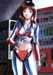 1girl android blue_eyes brown_eyes brown_hair can coca-cola grin leina_stol machine_robo machine_robo_chronos_no_dai_gyakushuu midriff navel paint_can product_placement shelf shirt smile solo tied_shirt vending_machine yusao