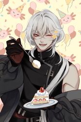  1boy ;d a_date_with_death absurdres aegyo_sal axolotl balloon belt birthday black_gloves black_jacket black_shirt cake casper_(a_date_with_death) confetti cowboy_shot double-parted_bangs food fork gloves hair_between_eyes hair_over_shoulder hat high_collar highres holding holding_fork holding_plate jacket jacket_partially_removed jellyfish_cut male_focus muscular muscular_male official_art one_eye_closed party_hat plate promotional_art shirt sleeveless sleeveless_shirt smile solo sparkle strawberry_shortcake white_hair 