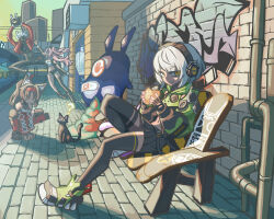 1boy 3girls ? absurdres anby_demara animal_ear_fluff animal_ears bangboo_(zenless_zone_zero) bare_shoulders bench billy_kid black_cat black_gloves black_hair black_ribbon black_shorts black_skirt black_thighhighs building burger cat cat_ears cat_girl closed_mouth clothed_robot clothing_cutout commentary_request crop_top eating eous_(zenless_zone_zero) fingerless_gloves food glove_cutout gloves graffiti green_eyes green_jacket green_shoes green_sleeves grey_hair hairband headphones highres holding holding_burger holding_food humanoid_robot industrial_pipe jacket jumping leg_up long_hair micro_shorts multiple_girls navel nekomiya_mana nicole_demara open_mouth orange_eyes outdoors pink_hair ponytail red_eyes red_hairband red_jacket red_sleeves ribbon robot robot_boy shadow shige_1237 shoes short_eyebrows short_hair shorts shoulder_cutout single_thighhigh sitting skirt sleeveless sleeveless_jacket statue strapless thigh-highs tube_top two_side_up v-shaped_eyebrows white_tube_top zenless_zone_zero 
