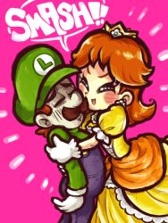  1boy 1girl blue_overalls brown_hair cindysuke closed_eyes crown dress facial_hair gloves green_hat green_shirt hat hug long_hair luigi mustache orange_dress overalls pink_background princess_daisy shirt super_mario_bros. super_smash_bros. white_gloves 
