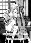  bow_(instrument) cello chair copyright_request cross-laced_footwear curtains flower garters gothic_lolita hair_ribbon instrument lolita_fashion monochrome ribbon sitting solo vase window yuki_usagi 