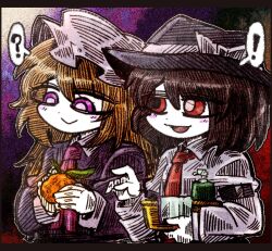  ! 2girls :&gt; :d ? arm_garter basket black_hat blonde_hair blush blush_stickers bow breast_pocket brown_hair collar dress food fruit fruit_request hair_between_eyes hat hat_bow holding holding_basket holding_food holding_fruit long_dress long_hair long_sleeves maribel_hearn mob_cap multiple_girls necktie pink_necktie pocket purple_dress red_eyes red_necktie shirt sleeve_cuffs smile suenari_(peace) touhou usami_renko violet_eyes white_bow white_collar white_hat white_shirt 