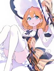  1girl :o anpon_aji bare_shoulders blonde_hair blue_eyes blush bow breasts dress elbow_gloves gloves hair_between_eyes hand_on_headwear hat hat_bow looking_at_viewer medium_hair no_shoes open_mouth orange_bow orange_hair panties pantyshot petra_leyte re:zero_kara_hajimeru_isekai_seikatsu signature sitting sleeveless small_breasts solo thigh-highs underwear white_background white_gloves white_panties white_thighhighs witch_hat 