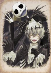  2boys ayanamya black_crown crown diamond_hairband gloves highres jack_skellington jacket long_sleeves looking_at_viewer male_focus multiple_boys pinstripe_jacket pinstripe_pattern pinstripe_vest short_hair skeleton_print skully_j._graves smile striped_clothes striped_jacket striped_vest suit sunglasses the_nightmare_before_christmas twisted_wonderland vertical-striped_clothes vertical-striped_vest vest 