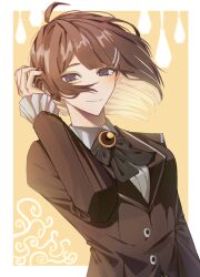  1girl ahoge border bow bowtie brooch brown_hair brown_jacket closed_mouth collared_shirt frilled_sleeves frills green_bow green_bowtie hair_ornament hairclip hand_up highres hod_(project_moon) jacket jewelry lapels library_of_ruina looking_at_viewer m_ttl medium_hair project_moon shirt smile solo white_border white_shirt 