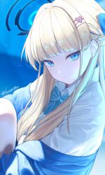  1girl absurdres black_halo blonde_hair blue_archive blue_eyes blue_jacket closed_mouth collared_shirt halo highres jacket kamory long_hair looking_at_viewer shirt solo toki_(blue_archive) white_shirt 
