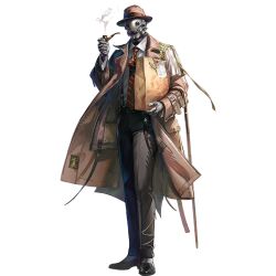  1boy arknights brown_coat brown_hat coat facial_hair full_body hat holding holding_smoking_pipe male_focus mustache official_art robot shutun simple_background smoking_pipe solo standing tachi-e third-party_source tin_man_(arknights) transparent_background trench_coat 