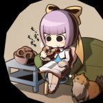  brooch capcom chibi crab_man dog doughnut eating ghost_trick hime_cut jewelry kanon_(ghost_trick) lowres missile_(ghost_trick) purple_hair ribbon skirt 