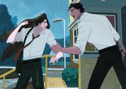  2boys alternate_universe arm_up bag belt belt_buckle black_hair black_pants breast_pocket brown_eyes brown_jacket buckle bush chinese_commentary collared_shirt commentary_request dark-skinned_male dark_skin dingnin98201637 eye_contact hair_slicked_back hand_on_another&#039;s_arm highres jacket jacket_over_head lamppost looking_at_another male_focus marvel miguel_o&#039;hara multiple_boys necktie open_mouth outdoors pants peter_b_parker pocket railing rain red_necktie shirt shirt_tucked_in short_hair shoulder_bag sleeves_rolled_up spider-man:_across_the_spider-verse spider-man_(series) spider-verse teeth wet wet_hair white_shirt 